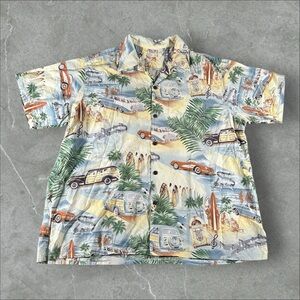 Vintage Go Barefoot Hawaiian Shirt Men 3XL Tan 60s 70s Loop Collar Tropical Cars